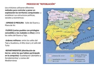 PROCESO DE “REPOBLACIÓN”
Los cristianos utilizaron diferentes
métodos para controlar y poner en
explotación los territorios conquistados y
establecer sus estructuras políticas,
sociales y económicas:
- APRISIO O PRESURA: Valle del Duero y
Plana de Vic
-FUEROS (cartas pueblas con privilegios
concedidos a las ciudades o villas): entre
los valles del Duero y Tajo.
-órdenes militares: entre los valles del
Tajo y Guadiana, el Alto Júcar y el valle del
Turia
-REPARTIMIENTOS (distribución de
tierras entre los que habían participado
en la conquista): Guadalquivir (donadíos y
heredamientos) y costas del
Mediterráneo
 