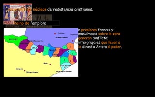 RECONQUISTA  722-1492Dc los primitivos núcleos  de resistencia cristianos. Reino de  Pamplona n  presiones  francas y  musulmanas  sobre la zona  generan  conflictos  intergrupales  que llevan a  la  dinastía Arista  al poder . 