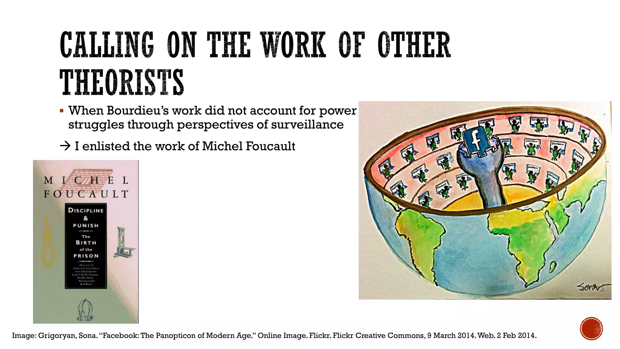  When Bourdieu’s work did not account for power
struggles through perspectives of surveillance
 I enlisted the work of Michel Foucault
Image: Grigoryan, Sona.“Facebook:The Panopticon of Modern Age.” Online Image. Flickr. Flickr Creative Commons, 9 March 2014.Web. 2 Feb 2014.
 