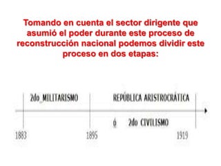 Tomando en cuenta el sector dirigente que
asumió el poder durante este proceso de
reconstrucción nacional podemos dividir este
proceso en dos etapas:

 