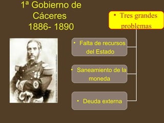 1ª Gobierno de Cáceres 1886- 1890 Tres grandes problemas Falta de recursos del Estado Saneamiento de la moneda Deuda externa