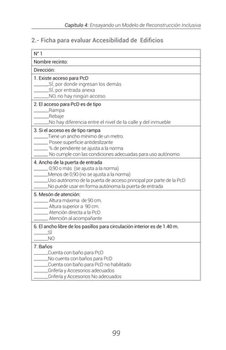 Capítulo 4: Ensayando un Modelo de Reconstrucción Inclusiva
99
2.- Ficha para evaluar Accesibilidad de Edificios
N° 1
Nombre recinto:
Dirección:
1. Existe acceso para PcD
_______SÍ, por donde ingresan los demás
_______SÍ, por entrada anexa
_______NO, no hay ningún acceso
2. El acceso para PcD es de tipo
_______Rampa
_______Rebaje
_______No hay diferencia entre el nivel de la calle y del inmueble
3. Si el acceso es de tipo rampa
_______Tiene un ancho mínimo de un metro.
_______ Posee superficie antideslizante
_______ % de pendiente se ajusta a la norma
_______ No cumple con las condiciones adecuadas para uso autónomo
4. Ancho de la puerta de entrada
_______ 0,90 o más (se ajusta a la norma)
_______Menos de 0,90 (no se ajusta a la norma)
_______Uso autónomo de la puerta de acceso principal por parte de la PcD
_______No puede usar en forma autónoma la puerta de entrada
5. Mesón de atención:
_______ Altura máxima de 90 cm.
_______ Altura superior a 90 cm.
_______ Atención directa a la PcD
_______ Atención al acompañante
6. El ancho libre de los pasillos para circulación interior es de 1.40 m.
_______SÍ
_______NO
7. Baños
_______Cuenta con baño para PcD
_______No cuenta con baños para PcD
_______Cuenta con baño para PcD no habilitado
_______Grifería y Accesorios adecuados
_______Grifería y Accesorios No adecuados
 