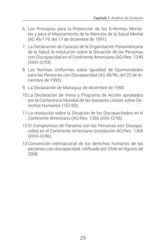 Capítulo 1: Análisis de Contexto
29
6.	Los Principios para la Protección de los Enfermos Menta-
les y para el Mejoramiento de la Atención de la Salud Mental
(AG.46/119, del 17 de diciembre de 1991)
7.	 La Declaración de Caracas de la Organización Panamericana
de la Salud; la resolución sobre la Situación de las Personas
con Discapacidad en el Continente Americano (AG/Res. 1249
(XXIII-O/93).
8.	Las Normas Uniformes sobre Igualdad de Oportunidades
para las Personas con Discapacidad (AG.48/96, del 20 de di-
ciembre de 1993).
9.	 La Declaración de Managua, de diciembre de 1993.
10.La Declaración de Viena y Programa de Acción aprobados
por la Conferencia Mundial de las Naciones Unidas sobre De-
rechos Humanos (157/93).
11.La resolución sobre la Situación de los Discapacitados en el
Continente Americano (AG/Res. 1356 (XXV-O/95).
12.El Compromiso de Panamá con las Personas con Discapa-
cidad en el Continente Americano (resolución AG/Res. 1369
(XXVI-O/96).
13.Convención internacional de los derechos humanos de las
personas con discapacidad, ratificado por Chile en Agosto de
2008.
 