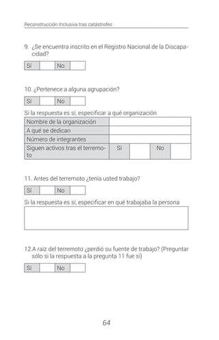 Reconstrucción Inclusiva tras catástrofes
64
9.	 ¿Se encuentra inscrito en el Registro Nacional de la Discapa-
cidad?
Sí No
10. ¿Pertenece a alguna agrupación?
Sí No
Si la respuesta es sí, especificar a qué organización
Nombre de la organización
A qué se dedican
Número de integrantes
Siguen activos tras el terremo-
to
Sí No
11. Antes del terremoto ¿tenía usted trabajo?
Sí No
Si la respuesta es sí, especificar en qué trabajaba la persona
12.A raíz del terremoto ¿perdió su fuente de trabajo? (Preguntar
sólo si la respuesta a la pregunta 11 fue sí)
Sí No
 