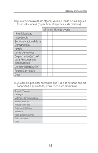 Capítulo 3: Propuestas
65
13.¿Ha recibido ayuda de alguna, varias o todas de las siguien-
tes instituciones? (Especificar el tipo de ayuda recibida)
Sí No Tipo de ayuda
I Municipalidad
Intendencia
Servicio Nacional de la
Discapacidad
Iglesia
Junta de vecinos
Organización(es) de/
para Personas con
discapacidad
Un Techo para Chile
Fuerzas armadas
Otra
14.¿Cuál es la principal necesidad que Ud. o la persona con dis-
capacidad a su cuidado, requiere en este momento?
Solución Vivienda
Mediagua
Materiales de Construcción
Ayudas Técnicas
Apoyo psicológico
Tratamiento Médico
Alimentos
Ropa (personal, cama)
Útiles escolares
Otros
 