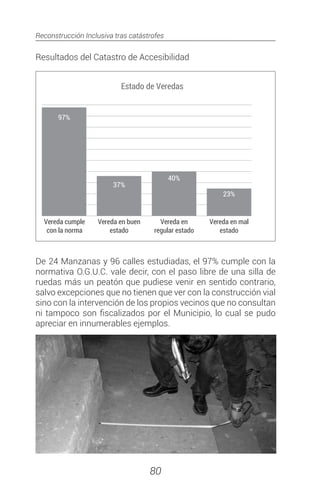 Reconstrucción Inclusiva tras catástrofes
80
Resultados del Catastro de Accesibilidad
De 24 Manzanas y 96 calles estudiadas, el 97% cumple con la
normativa O.G.U.C. vale decir, con el paso libre de una silla de
ruedas más un peatón que pudiese venir en sentido contrario,
salvo excepciones que no tienen que ver con la construcción vial
sino con la intervención de los propios vecinos que no consultan
ni tampoco son fiscalizados por el Municipio, lo cual se pudo
apreciar en innumerables ejemplos.
97%
37%
40%
23%
Vereda cumple
con la norma
Vereda en buen
estado
Estado de Veredas
Vereda en
regular estado
Vereda en mal
estado
 