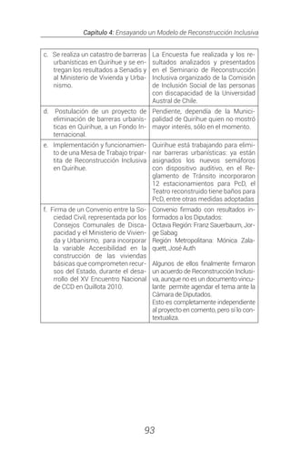 Capítulo 4: Ensayando un Modelo de Reconstrucción Inclusiva
93
c. Se realiza un catastro de barreras
urbanísticas en Quirihue y se en-
tregan los resultados a Senadis y
al Ministerio de Vivienda y Urba-
nismo.
La Encuesta fue realizada y los re-
sultados analizados y presentados
en el Seminario de Reconstrucción
Inclusiva organizado de la Comisión
de Inclusión Social de las personas
con discapacidad de la Universidad
Austral de Chile.
d. Postulación de un proyecto de
eliminación de barreras urbanís-
ticas en Quirihue, a un Fondo In-
ternacional.
Pendiente, dependía de la Munici-
palidad de Quirihue quien no mostró
mayor interés, sólo en el momento.
e. Implementación y funcionamien-
to de una Mesa de Trabajo tripar-
tita de Reconstrucción Inclusiva
en Quirihue.
Quirihue está trabajando para elimi-
nar barreras urbanísticas: ya están
asignados los nuevos semáforos
con dispositivo auditivo, en el Re-
glamento de Tránsito incorporaron
12 estacionamientos para PcD, el
Teatro reconstruido tiene baños para
PcD, entre otras medidas adoptadas
f. Firma de un Convenio entre la So-
ciedad Civil, representada por los
Consejos Comunales de Disca-
pacidad y el Ministerio de Vivien-
da y Urbanismo, para incorporar
la variable Accesibilidad en la
construcción de las viviendas
básicas que comprometen recur-
sos del Estado, durante el desa-
rrollo del XV Encuentro Nacional
de CCD en Quillota 2010.
Convenio firmado con resultados in-
formados a los Diputados:
Octava Región: Franz Sauerbaum, Jor-
ge Sabag
Región Metropolitana: Mónica Zala-
quett, José Auth
Algunos de ellos finalmente firmaron
un acuerdo de Reconstrucción Inclusi-
va, aunque no es un documento vincu-
lante permite agendar el tema ante la
Cámara de Diputados.
Esto es completamente independiente
al proyecto en comento, pero sí lo con-
textualiza.
 
 