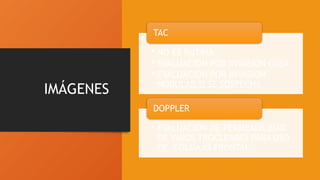 IMÁGENES
• NO ES RUTINA
• EVALUACION POR INVASION OSEA
• EVALUACION POR INVASION
NODULAR SI SE SOSPECHA
TAC
• EVALUACION DE PERMEABILIDAD
DE VASOS TROCLEARES PARA USO
DE COLGAJO FRONTAL
DOPPLER
 