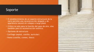Soporte
• El establecimiento de un soporte estructural de la
nariz permite una reconstrucción delgada y de
apariencia natural sin colapso a largo plazo
• Crítico no solo para la función del paso de aire, sino
también para la reconstrucción estética.
• Opciones de estructura
- Cartílago (septal, costilla, auricular)
- Hueso (costilla, craneo, iliaco)
 