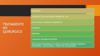TRATAMIENTO
NO
QUIRURGICO
RADIACION
CANCER DE CELULAS BASALES MENOR DE 2 CM
NO SEA BUEN CANDIDATO QUIRURGICO
CURETAJE
RINOFIMA
CURACION SEGUNDA INTENCION
RESULTADOS RAZONABLES EN AREAS CONCAVAS PAREDES LATERALES
SUPERIORES, CANTO MEDIAL Y DEFECTOS COLUMELARES
 