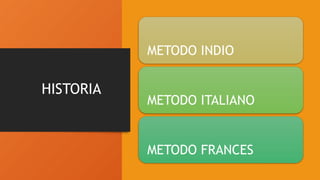 HISTORIA
METODO INDIO
METODO ITALIANO
METODO FRANCES
 