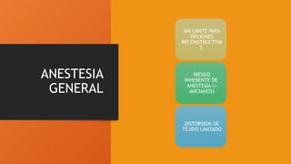 ANESTESIA
GENERAL
SIN LIMITE PARA
OPCIONES
RECONSTRUCTIVA
S
RIESGO
INHERENTE DE
ANESTESIA (+
ANCIANOS)
DISTORSION DE
TEJIDO LIMITADO
 