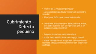 Cubrimiento -
Defecto
pequeño
• Avance de la mucosa bipedicular
- La naturaleza bipedicular mejora el suministro
vascular
- Ideal para defecto de revestimiento alar
• Transfiere eficazmente el defecto hacia arriba,
que debe cubrirse con un injerto de piel o un
colgajo mucopericondrial
• Colgajo frontal con extensión distal
- Doblar la extensión distal del colgajo frontal
- Puede resultar en un ala gruesa y sin forma que
requiere adelgazamiento posterior con soporte de
cartílago
 