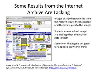 Some Results from the Internet
Archive Are Lacking
Images change between the time
the Archive crawls the main page
and the...