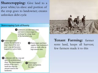 Sharecropping: Give land to a
poor white/ex-slave and portion of
the crop goes to landowner; creates
unbroken debt cycle
Tenant Farming: farmer
rents land, keeps all harvest;
few farmers made it to this
 