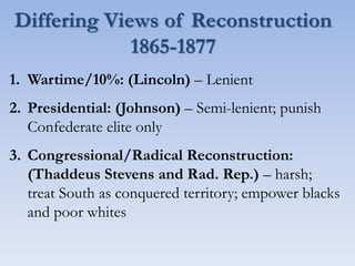 Differing Views of Reconstruction
1865-1877
1. Wartime/10%: (Lincoln) – Lenient
2. Presidential: (Johnson) – Semi-lenient; punish
Confederate elite only
3. Congressional/Radical Reconstruction:
(Thaddeus Stevens and Rad. Rep.) – harsh;
treat South as conquered territory; empower blacks
and poor whites
 