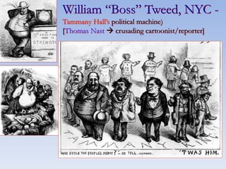 William “Boss” Tweed, NYC -
Tammany Hall’s political machine)
[Thomas Nast  crusading cartoonist/reporter]
 