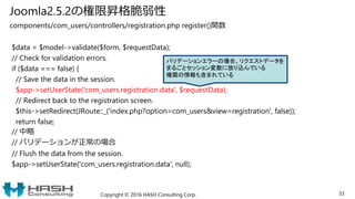 Joomla2.5.2の権限昇格脆弱性
components/com_users/controllers/registration.php register()関数
$data = $model->validate($form, $reques...