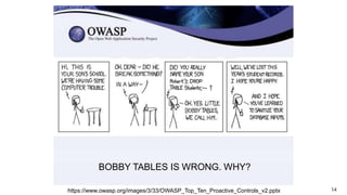14
BOBBY TABLES IS WRONG. WHY?
https://www.owasp.org/images/3/33/OWASP_Top_Ten_Proactive_Controls_v2.pptx
 