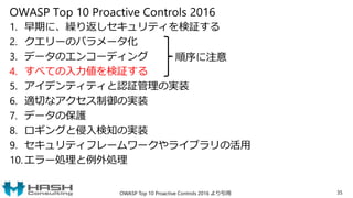OWASP Top 10 Proactive Controls 2016
1. 早期に、繰り返しセキュリティを検証する
2. クエリーのパラメータ化
3. データのエンコーディング
4. すべての入力値を検証する
5. アイデンティティと認証管理の実装
6. 適切なアクセス制御の実装
7. データの保護
8. ロギングと侵入検知の実装
9. セキュリティフレームワークやライブラリの活用
10. エラー処理と例外処理
35OWASP Top 10 Proactive Controls 2016 より引用
順序に注意
 