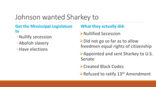 Johnson wanted Sharkey to 
Get the Mississippi Legislature 
to 
◦Nullify secession 
◦ Abolish slavery 
◦Have elections 
What they actually did: 
Nullified Secession 
Did not go so far as to allow 
freedmen equal rights of citizenship 
Appointed and sent Sharkey to U.S. 
Senate 
Created Black Codes 
Refused to ratify 13th Amendment 
 