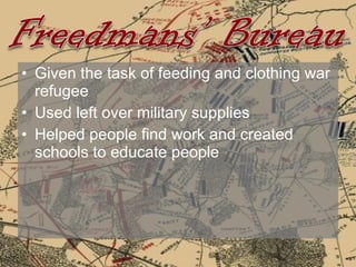 Given the task of feeding and clothing war refugee Used left over military supplies Helped people find work and created schools to educate people 