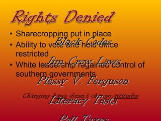 Sharecropping put in place Ability to vote and hold office restricted White leadership regained control of southern governments Changing  Laws  doesn’t change  attitudes Black Codes Jim Crow Laws Plessy V. Ferguson Literacy Tests Poll Taxes Grandfather Clause Ku Klux Klan Forced Segration 