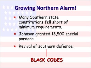Growing Northern Alarm!
 Many Southern state
constitutions fell short of
minimum requirements.
 Johnson granted 13,500 special
pardons.
 Revival of southern defiance.

BLACK CODES

 