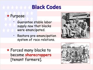 Black Codes
 Purpose:
*

*

Guarantee stable labor
supply now that blacks
were emancipated.
Restore pre-emancipation
system of race relations.

 Forced many blacks to
become sharecroppers
[tenant farmers].

 