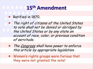 15th Amendment
 Ratified in 1870.
 The right of citizens of the United States

to vote shall not be denied or abridged by
the United States or by any state on
account of race, color, or previous condition
of servitude.

 The Congress shall have power to enforce

this article by appropriate legislation.

 Women’s rights groups were furious that
they were not granted the vote!

 