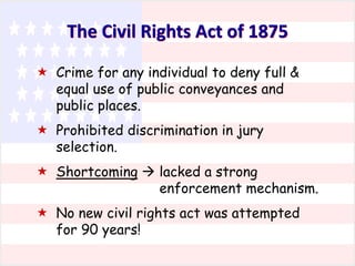 The Civil Rights Act of 1875
 Crime for any individual to deny full &
equal use of public conveyances and
public places.
 Prohibited discrimination in jury
selection.
 Shortcoming  lacked a strong
enforcement mechanism.
 No new civil rights act was attempted
for 90 years!

 
