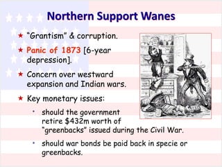 Northern Support Wanes
 “Grantism” & corruption.
 Panic of 1873 [6-year
depression].
 Concern over westward
expansion and Indian wars.
 Key monetary issues:
*

*

should the government
retire $432m worth of
“greenbacks” issued during the Civil War.
should war bonds be paid back in specie or
greenbacks.

 
