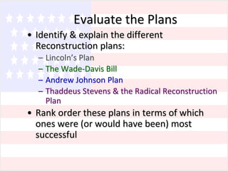 Evaluate the Plans
• Identify & explain the different
Reconstruction plans:
–
–
–
–

Lincoln’s Plan
The Wade-Davis Bill
Andrew Johnson Plan
Thaddeus Stevens & the Radical Reconstruction
Plan

• Rank order these plans in terms of which
ones were (or would have been) most
successful

 