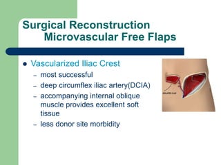 Surgical Reconstruction
Microvascular Free Flaps
 Vascularized Iliac Crest
– most successful
– deep circumflex iliac artery(DCIA)
– accompanying internal oblique
muscle provides excellent soft
tissue
– less donor site morbidity
 