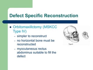 Defect Specific Reconstruction
 Orbitomaxillctomy (MSKCC
Type IV)
– simpler to reconstruct
– no horizontal bone must be
reconstructed
– myocutaneous rectus
abdominus suitable to fill the
defect
 