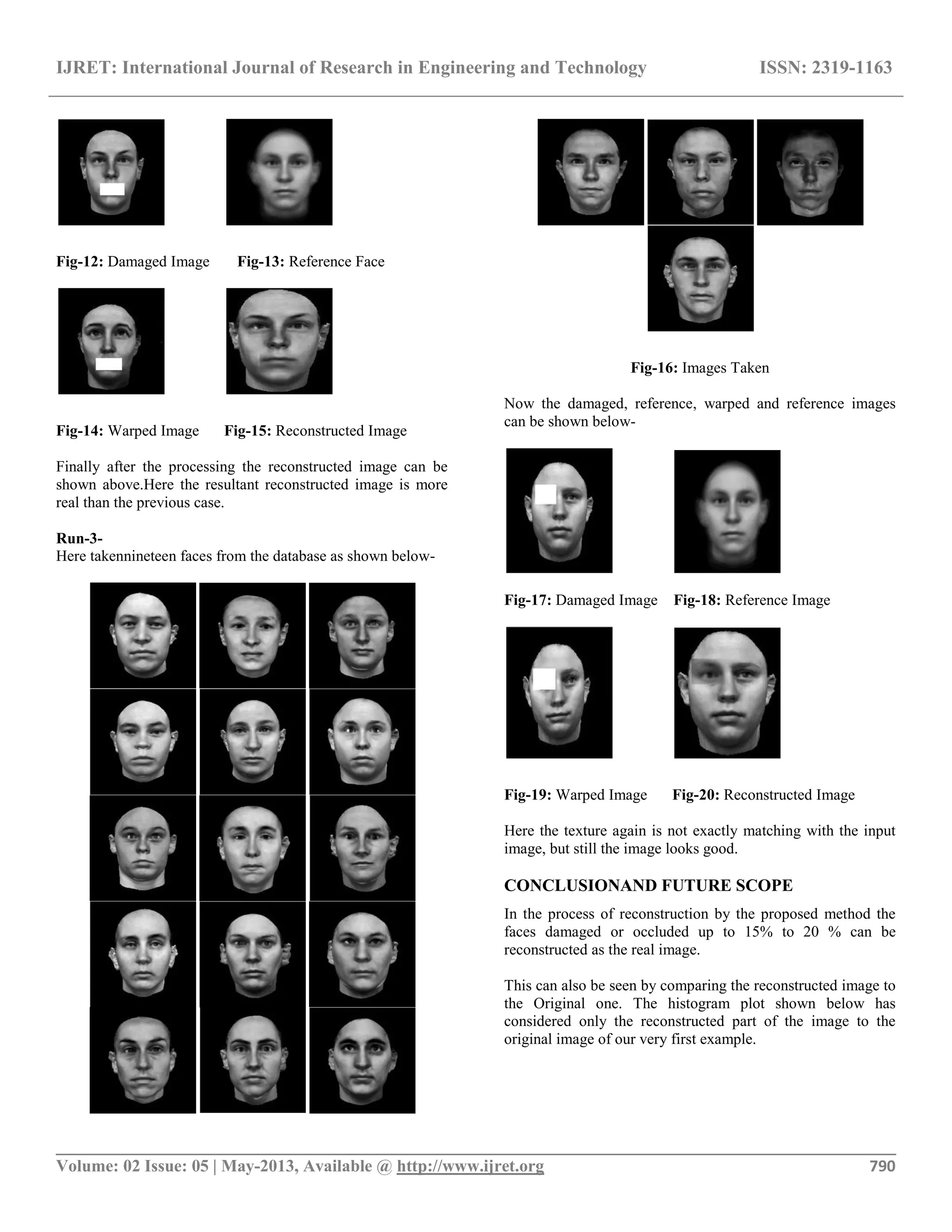 IJRET: International Journal of Research in Engineering and Technology ISSN: 2319-1163
__________________________________________________________________________________________
Volume: 02 Issue: 05 | May-2013, Available @ http://www.ijret.org 790
Fig-12: Damaged Image Fig-13: Reference Face
Fig-14: Warped Image Fig-15: Reconstructed Image
Finally after the processing the reconstructed image can be
shown above.Here the resultant reconstructed image is more
real than the previous case.
Run-3-
Here takennineteen faces from the database as shown below-
Fig-16: Images Taken
Now the damaged, reference, warped and reference images
can be shown below-
Fig-17: Damaged Image Fig-18: Reference Image
Fig-19: Warped Image Fig-20: Reconstructed Image
Here the texture again is not exactly matching with the input
image, but still the image looks good.
CONCLUSIONAND FUTURE SCOPE
In the process of reconstruction by the proposed method the
faces damaged or occluded up to 15% to 20 % can be
reconstructed as the real image.
This can also be seen by comparing the reconstructed image to
the Original one. The histogram plot shown below has
considered only the reconstructed part of the image to the
original image of our very first example.
 