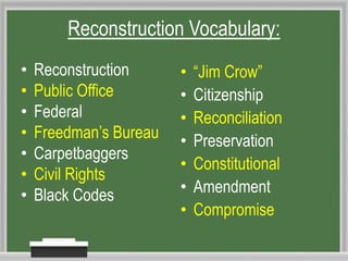 Reconstruction Vocabulary: 
• Reconstruction 
• Public Office 
• Federal 
• Freedman’s Bureau 
• Carpetbaggers 
• Civil Rights 
• Black Codes 
• “Jim Crow” 
• Citizenship 
• Reconciliation 
• Preservation 
• Constitutional 
• Amendment 
• Compromise 
 