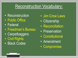 Reconstruction Vocabulary:
• Reconstruction
• Public Office
• Federal
• Freedman’s Bureau
• Carpetbaggers
• Civil Rights
• Black Codes
• Jim Crow Laws
• Citizenship
• Reconciliation
• Preservation
• Constitutional
• Amendment
• Compromise
 