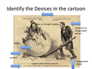 Identify the Devices in the cartoon
Voice or thought bubbles
Important or
recognizable
person

labels

symbols
Caption (title of the cartoon)

Exaggerated
Detail

 