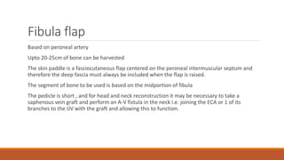 Fibula flap
Based on peroneal artery
Upto 20-25cm of bone can be harvested
The skin paddle is a fasciocutaneous flap centered on the peroneal intermuscular septum and
therefore the deep fascia must always be included when the flap is raised.
The segment of bone to be used is based on the midportion of fibula
The pedicle is short , and for head and neck reconstruction it may be necessary to take a
saphenous vein graft and perform an A-V fistula in the neck i.e. joining the ECA or 1 of its
branches to the IJV with the graft and allowing this to function.
 