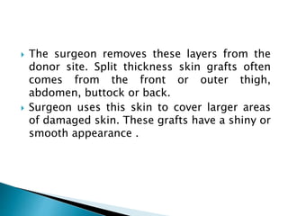  The surgeon removes these layers from the
donor site. Split thickness skin grafts often
comes from the front or outer thigh,
abdomen, buttock or back.
 Surgeon uses this skin to cover larger areas
of damaged skin. These grafts have a shiny or
smooth appearance .
 
