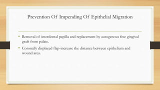 Prevention Of Impending Of Epithelial Migration
• Removal of interdental papilla and replacement by autogenous free gingival
graft from palate.
• Coronally displaced flap-increase the distance between epithelium and
wound area.
 