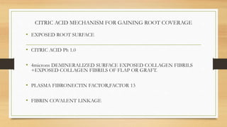 CITRIC ACID MECHANISM FOR GAINING ROOT COVERAGE
• EXPOSED ROOT SURFACE
• CITRIC ACID Ph 1.0
• 4microns DEMINERALIZED SURFACE EXPOSED COLLAGEN FIBRILS
+EXPOSED COLLAGEN FIBRILS OF FLAP OR GRAFT.
• PLASMA FIBRONECTIN FACTOR,FACTOR 13
• FIBRIN COVALENT LINKAGE
 