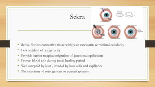 Sclera
• dense, fibrous connective tissue with poor vascularity & minimal cellularity
• Low incident of antigenicity
• Provide barrier to apical migration of junctional epithelium
• Protect blood clot during initial healing period
• Well accepted by host , invaded by host cells and capillaries
• No induction of osteogenesis or cementogenesis
 