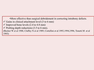 •More effective than surgical debridement in correcting intrabony defects.
 Gains in clinical attachment level (3 to 6 mm)
 Improved bone levels (2.4 to 4.8 mm)
 Probing depth reductions (3.5 to 6 mm).
(Becker W et al 1988, Claffey N et al 1989, Cortellini et al 1993,1994,1996, Tonetti M et al
1993)
 
