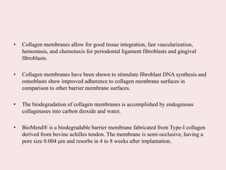• Collagen membranes allow for good tissue integration, fast vascularization,
hemostasis, and chemotaxis for periodontal ligament fibroblasts and gingival
fibroblasts.
• Collagen membranes have been shown to stimulate fibroblast DNA synthesis and
osteoblasts show improved adherence to collagen membrane surfaces in
comparison to other barrier membrane surfaces.
• The biodegradation of collagen membranes is accomplished by endogenous
collagenases into carbon dioxide and water.
• BioMend® is a biodegradable barrier membrane fabricated from Type-I collagen
derived from bovine achilles tendon. The membrane is semi-occlusive, having a
pore size 0.004 μm and resorbs in 4 to 8 weeks after implantation.
 