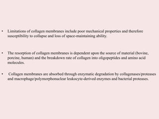 • Limitations of collagen membranes include poor mechanical properties and therefore
susceptibility to collapse and loss of space-maintaining ability.
• The resorption of collagen membranes is dependent upon the source of material (bovine,
porcine, human) and the breakdown rate of collagen into oligopeptides and amino acid
molecules.
• Collagen membranes are absorbed through enzymatic degradation by collagenases/proteases
and macrophage/polymorphonuclear leukocyte-derived enzymes and bacterial proteases.
 