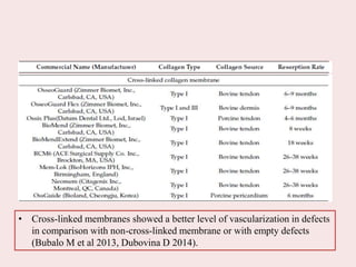 • Cross-linked membranes showed a better level of vascularization in defects
in comparison with non-cross-linked membrane or with empty defects
(Bubalo M et al 2013, Dubovina D 2014).
 