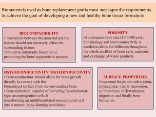 Biomaterials used as bone replacement grafts must meet specific requirements
to achieve the goal of developing a new and healthy bone tissue formation:
BIOCOMPATIBILITY
• Interaction between the material and the
tissues should not adversely affect the
surrounding tissues.
•Should be inherently bioactive in
promoting the bone regeneration process
SURFACE PROPERTIES
•Important for protein adsorption,
extracellular matrix deposition,
cell adhesion, differentiation,
migration and finally bone
formation.
OSTEOCONDUCTIVITY/ OSTEOINDUCTIVITY
• Osteoconduction: should allow for bone growth
directly in contact with the
biomaterial surface from the surrounding bone
• Osteoinduction: capable of recruiting mesenchymal-
type osteoprogenitor cells &
transforming an undifferentiated mesenchymal cell
into a mature, bone-forming osteoblast.
POROSITY
•An adequate pore size (100-300 μm) ,
morphology and inter-connectivity is
needed to allow for diffusion throughout
the whole scaffold of bone cells, nutrients
and exchange of waste products.
 