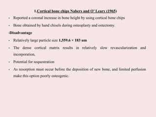 1.Cortical bone chips Nabers and O’ Leary (1965)
• Reported a coronal increase in bone height by using cortical bone chips
• Bone obtained by hand chisels during osteoplasty and ostectomy.
•Disadvantage
• Relatively large particle size 1,559.6 × 183 um
• The dense cortical matrix results in relatively slow revascularization and
incorporation,
• Potential for sequestration
• As resorption must occur before the deposition of new bone, and limited perfusion
make this option poorly osteogenic.
 